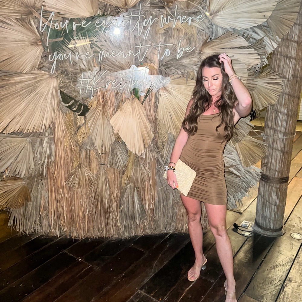 Brown one shoulder ruched mini dress